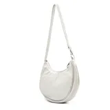 Cartera de cuero color hueso, modelo Paloma de XL, con diseño semicircular, cierre superior y logo metálico grabado en el frente.