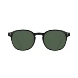 Lentes de sol Indie Firenze con montura redonda negra de acetato y lentes verdes polarizados.