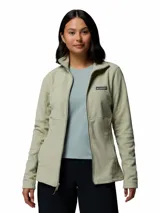 Campera polar Columbia de corte entallado, con cierre frontal completo, cuello alto y bolsillos laterales. Presenta el logo de la marca bordado en el pecho.
