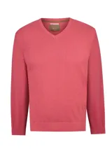 Sweater de punto color salmón, con escote en V y mangas largas.