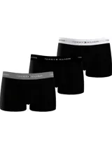 Bóxer trunk negro de algodón elástico con cintura gris y logo de Tommy Hilfiger repetido en blanco y azul.