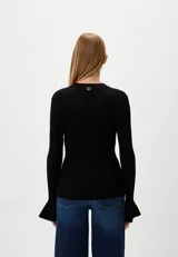 Suéter Twinset de tejido de punto fino negro con escote en V y lazos entrecruzados. Tiene manga larga con puños acampanados.