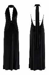 Vestido largo de terciopelo negro, con diseño al cuerpo, escote halter y pronunciado escote en V con frunce central.
