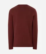 Suéter de punto para hombre, color celeste, con textura acanalada horizontal, cuello redondo y mangas largas con puños ajustados.