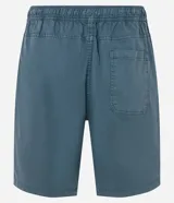 Bermuda de sarga lavada color gris oscuro, con cintura elástica ajustable mediante lazo, bolsillos laterales y corte recto.