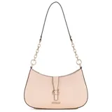 Cartera tipo hobo Guess modelo Carrie, color rosa claro, con cierre superior, correa de hombro con eslabones metálicos dorados y detalle de logo frontal con cierre magnético.