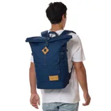 Mochila Jansport Hatchet Rolltop color azul con detalles en marrón y gris. Cuenta con compartimento principal con cierre enrollable, bolsillo frontal con solapa y hebilla, bolsillos laterales y asa superior.
