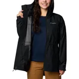 Campera impermeable larga Columbia modelo Hikebound II, de color negro, con capucha ajustable, cierre frontal con solapa, cintura ajustable con cordón y bolsillos laterales con cierre.