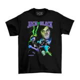 Remera negra de algodón con estampado gráfico estilo bootleg de Jack Black, con detalles en colores verde neón y violeta.