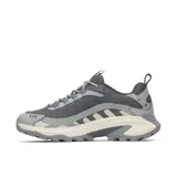 Championes de trail running Merrell modelo Moab Speed 2 Sport, color gris con detalles en beige y negro. Presentan un diseño técnico con empeine de nailon ripstop y TPU, entresuela de espuma FloatPro para mayor amortiguación y suela Vibram TC5+ con tacos de tracción para un agarre superior en terrenos irregulares.