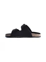 Sandalia tipo Birkenstock color negro con doble tira ajustable mediante hebillas metálicas y plantilla de corcho.