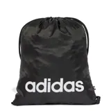 Mochila tipo saco Adidas de color negro, con cierre de cordones y logo de la marca estampado en blanco en la parte frontal.