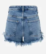 Short de jean de tiro alto estilo hot pants, con diseño ajustado, trabillas en la cintura y terminación deshilachada en el bajo.