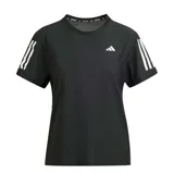 Remera deportiva Adidas Own The Run, color negro con tres tiras blancas en las mangas y logo blanco en el pecho.