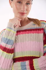 Sweater de punto con rayas horizontales en tonos verde, amarillo, azul, rosa y negro.