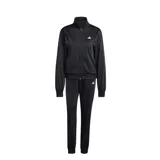 Conjunto deportivo Adidas compuesto por una campera con cierre frontal y cuello alto, y un pantalón tipo jogging. Ambas prendas son de color negro, confeccionadas en tejido técnico con puños elásticos y el logo de la marca estampado en blanco.