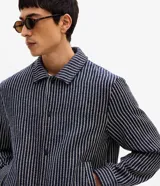 Campera masculina de corte recto con textura jacquard a rayas verticales en tonos azul marino y blanco. Presenta cuello inglés, cierre frontal con botones y manga larga.