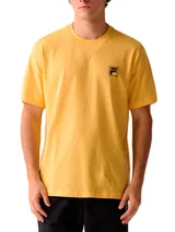 Remera Fila Heritage F-Box de manga corta, color amarillo, con cuello redondo y el logo de la marca en un recuadro negro en el pecho.