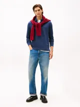 Chomba de manga larga Tommy Hilfiger de corte regular, confeccionada en algodón regenerativo color azul. Presenta cuello tipo polo con cartera de tres botones y logo de la marca bordado discretamente en el pecho.