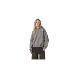 Hoodie oversized de color gris topo, con capucha y bolsillo tipo canguro. Presenta estampado gráfico en el dorso con la inscripción 'EMESTUDIOS' y detalles tipográficos en tonos claros.