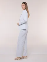 Blazer de sastre entallado color gris claro, con solapa de muesca clásica, cierre frontal de un solo botón y bolsillos frontales de vivo horizontales.
