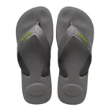 Ojotas Havaianas modelo Top Max Comfort, color gris oscuro con logo en color verde lima. Presentan una suela de goma extra suave con textura antideslizante y tiras anchas con diseño geométrico grabado.