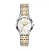 Reloj de pulsera Michael Kors con caja redonda de acero inoxidable plateado y esfera blanca. Presenta índices en tono dorado, incluyendo números romanos en las posiciones de las 6 y las 12, y manecillas doradas. La malla es de eslabones metálicos combinando tonos plateado y dorado.