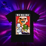Remera negra con estampado de personajes de Dragon Ball: Majin Buu, Freezer y Cell.