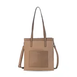 Cartera tipo tote de estructura vertical, color negro, con doble asa larga para llevar al hombro y correa desmontable y regulable. Cuenta con bolsillo frontal exterior de fácil acceso y detalles de costuras visibles.