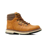 Bota de montaña Skechers modelo Corado Jaxx, de estilo casual y diseño impermeable con costuras selladas. Presenta una parte superior de piel sintética en color tostado con cuello acolchado en tono marrón oscuro, cierre de cordones con ojales metálicos en forma de D y suela resistente con diseño de tacos.