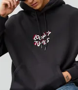 Buzo con capucha y bolsillo canguro, color gris oscuro, con estampa de Bugs Bunny en la espalda y logo de Looney Tunes.