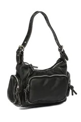 Cartera tipo hobo color verde militar, con correa ajustable, cierre principal y múltiples bolsillos exteriores con cierre. Incluye detalles de tiradores con flecos en los cierres.