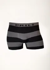 Boxer de microfibra sin costura con diseño a rayas horizontales en tonos de gris y negro. Cintura elástica con logo de la marca.