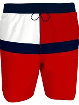 Short de baño rojo, blanco y azul marino con cordón ajustable en la cintura.