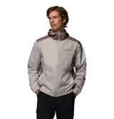 Campera cortaviento Columbia Flashback II Wind para hombre, de color gris claro con capucha y detalles en marrón en la parte superior y laterales. Cuenta con cierre frontal de cremallera y bolsillos laterales.