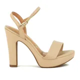 Sandalias de tacón alto Vizzano, color beige, con tira frontal ancha y tira ajustable al tobillo. Cuenta con plataforma delantera y tacón grueso.