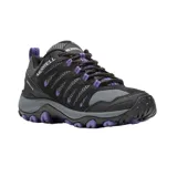 Championes de senderismo Merrell Crosslander 3, color negro con detalles en gris y violeta. Capellada de gamuza y malla transpirable, puntera sintética protectora, entresuela de espuma EVA y suela de goma adherente.