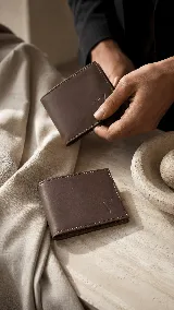 Billetera de cuero pull up color chocolate, con diseño clásico plegable y logo grabado en la esquina inferior.