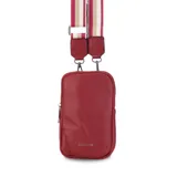 Phonebag color amarillo claro con textura granulada, cierre superior y bolsillo trasero tipo sobre. Incluye correa regulable y desmontable de galón con rayas en tonos marrones y beige.