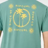 Remera Rip Curl de manga corta y cuello redondo en color verde, con pequeño estampado circular en el pecho que incluye palmeras y la inscripción "Rip Curl".