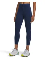 Calza deportiva Under Armour Velociti Pro Tight de color azul marino, con cintura elástica alta y cordón ajustable exterior. Cuenta con bolsillos laterales y detalles reflectantes.