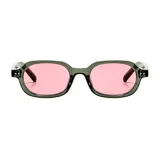 Lentes de sol con armazón semi ovalado de color verde oscuro y cristales rosados.