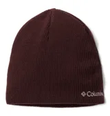Gorro tipo beanie de punto acanalado en color bordó, con logo de la marca Columbia bordado en tono plateado en el borde inferior.