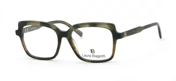 Armazón de anteojos recetados Laura Biagiotti, modelo 74, con diseño cuadrado de estilo clásico. Presenta un patrón carey en tonos verdes y marrones, con el logo de la marca en las varillas.