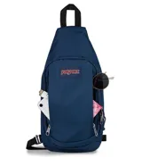 Morral tipo bandolera JanSport, color azul marino, con diseño ergonómico de una sola correa ajustable, compartimento principal con cierre y bolsillo frontal con logo de la marca.