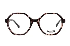 Armazón de anteojos Lancel modelo 90096, con diseño geométrico de forma hexagonal y estampado carey en tonos marrones y beige.