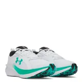 Championes de running Under Armour modelo Assert 11, color blanco con detalles en verde turquesa y negro. Presentan una suela con diseño moteado y el logo de la marca en el lateral.