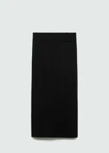 Falda larga de corte lápiz en color negro, con diseño de tiro alto y abertura posterior en el bajo. Presenta una cintura elástica para mayor comodidad y un ajuste entallado que estiliza la figura.