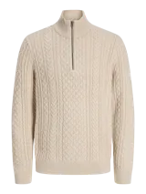Sweater tejido de punto con diseño de ochos, color beige, con cuello alto y cierre frontal parcial.
