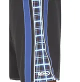Boardshort Quiksilver Mercury de 21 pulgadas, color negro con costuras contrastantes y franjas laterales en tonos azules con diseño a cuadros. Cuenta con cintura ajustable mediante cordón.